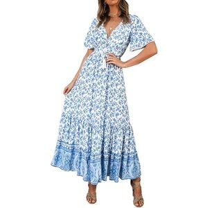 R. Vivimos Blue & White Floral Boho Maxi Dress – Tassel Waist, Size S (4/6)